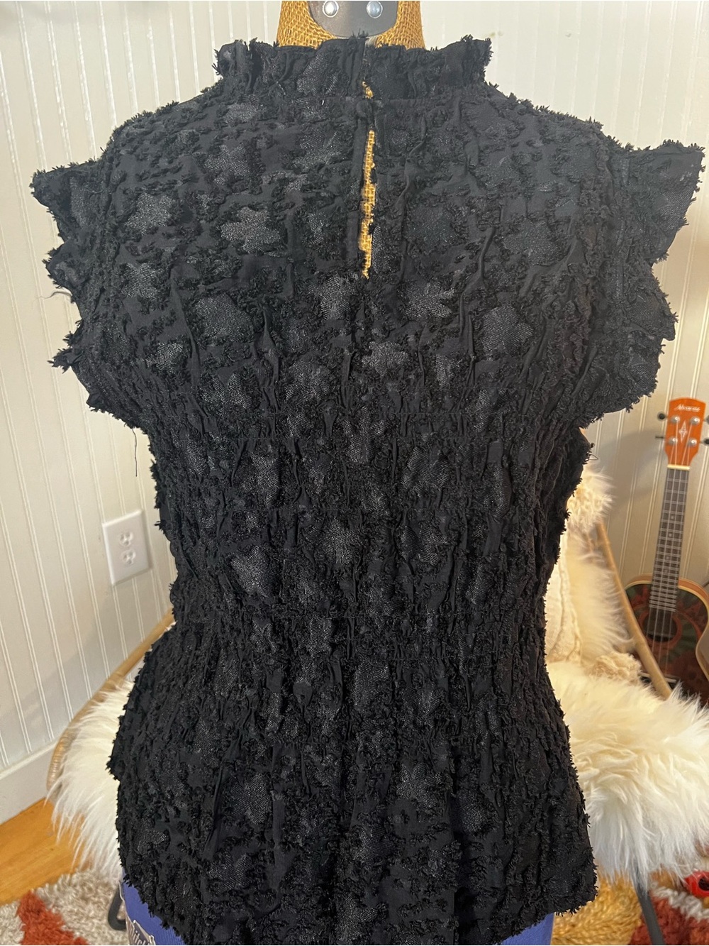 Textured Elie Black Ruffle Mock-Neck Women's Dress